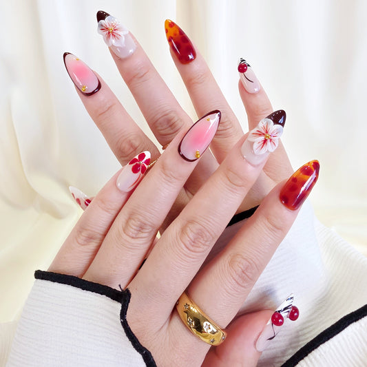 Red cherry 3D floral autumn press on nails