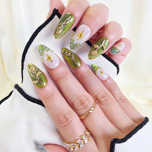 Emerald green cat eye with 3D gold charm press on nails - RTS