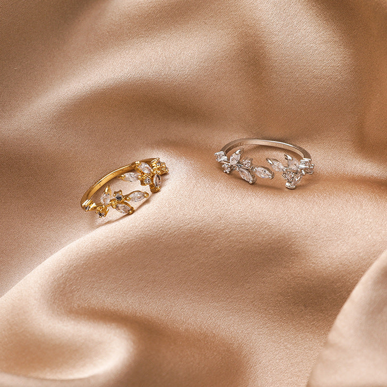 R018 crystal stone leaf adjustable ring sale