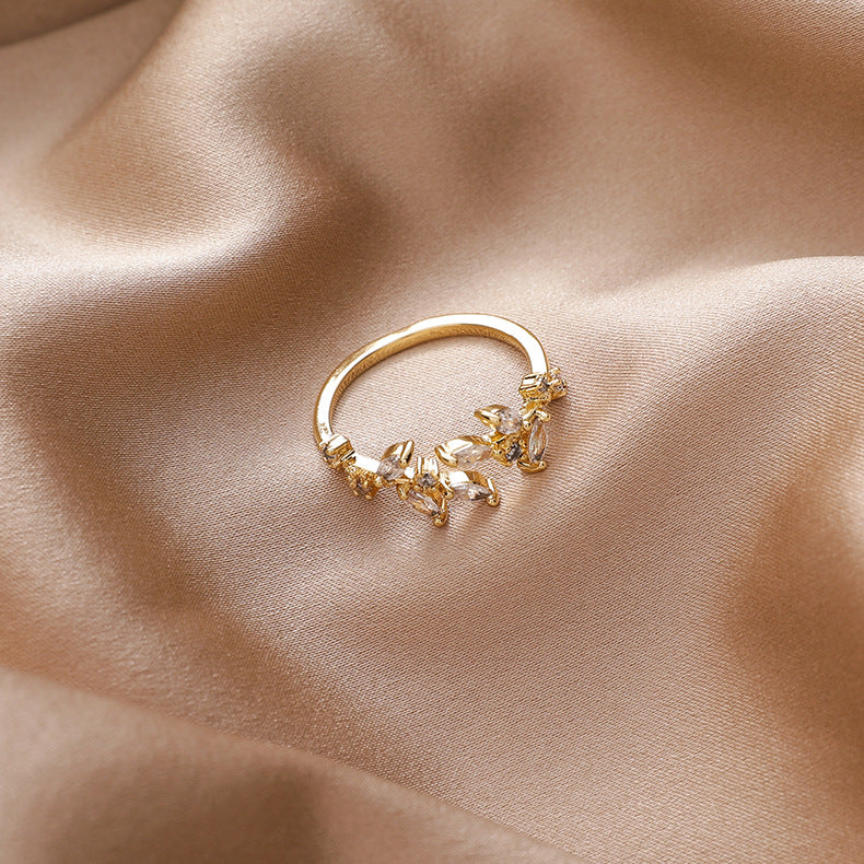 R018 crystal stone leaf adjustable ring sale