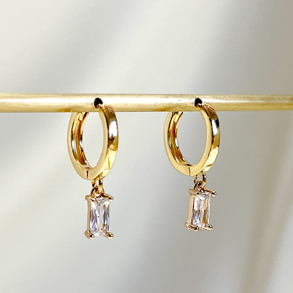 E166 gold baguette dangle huggie hoop earrings