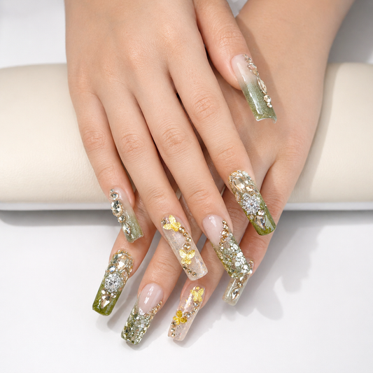 Green Ombre Cateye Golden Rhinestone Press on Nails