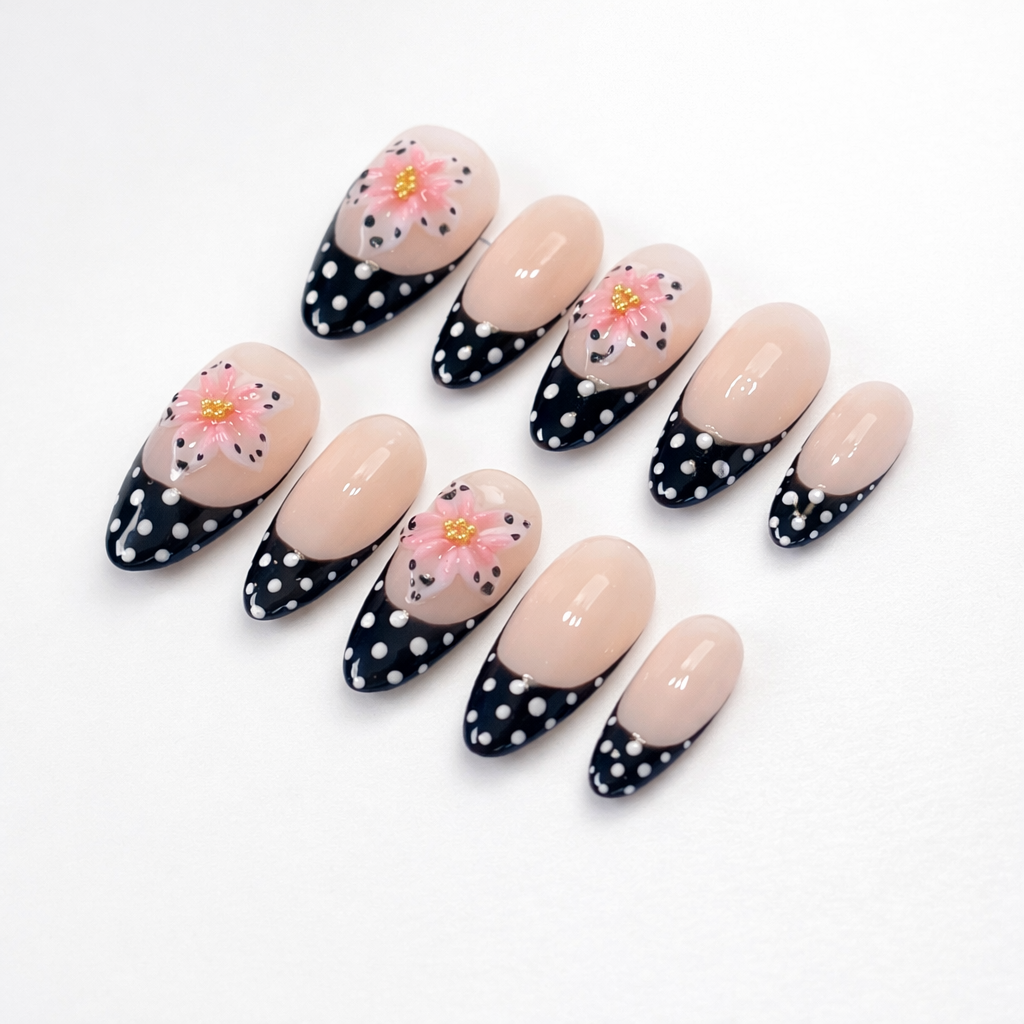 Polka Dot French 3D Flower Press On Nails