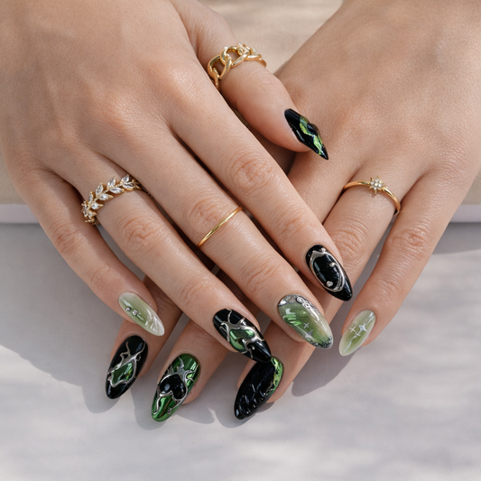 Green Chrome Heart Y2K Press On Nails