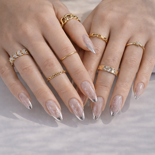 Pink Cat Eye Silver Chrome French Tips Press On Nails