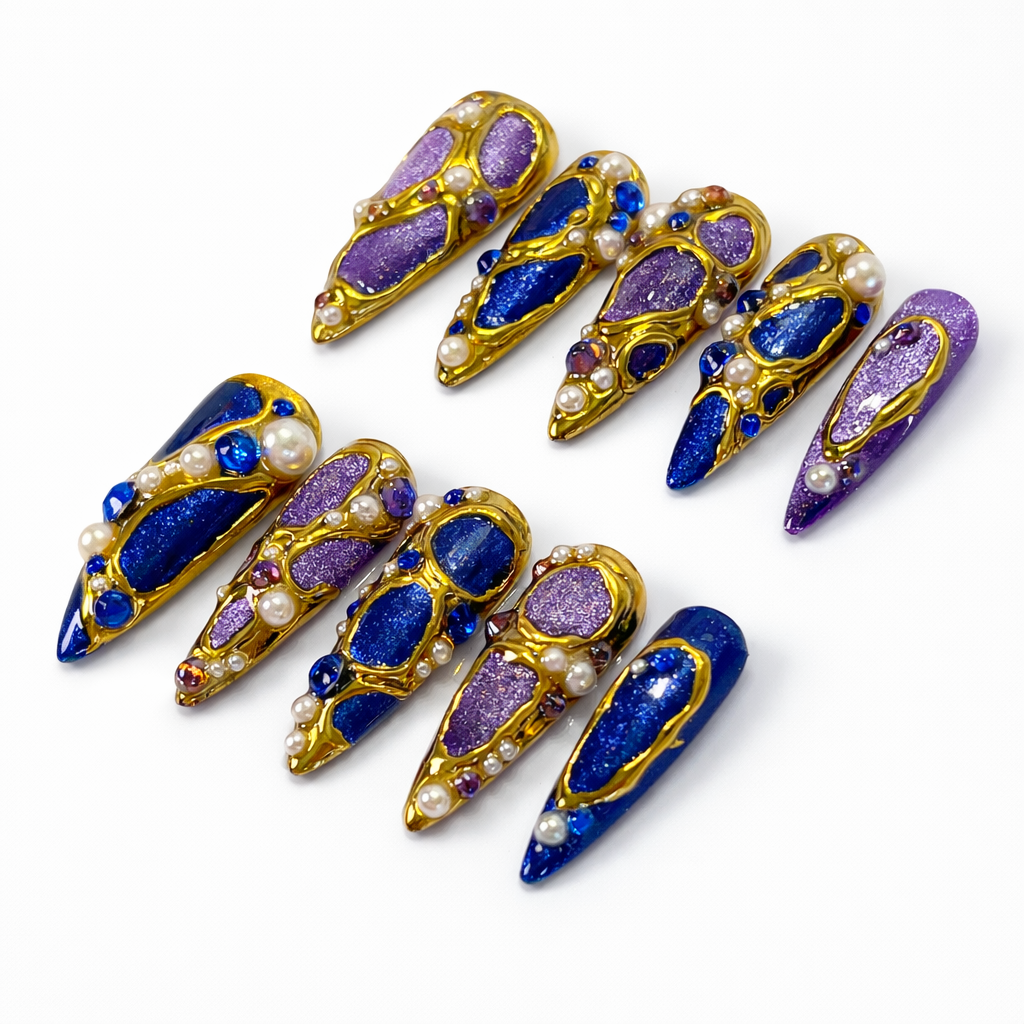 Luxury Purple Cat Eye Gold Chrome Press On Nails