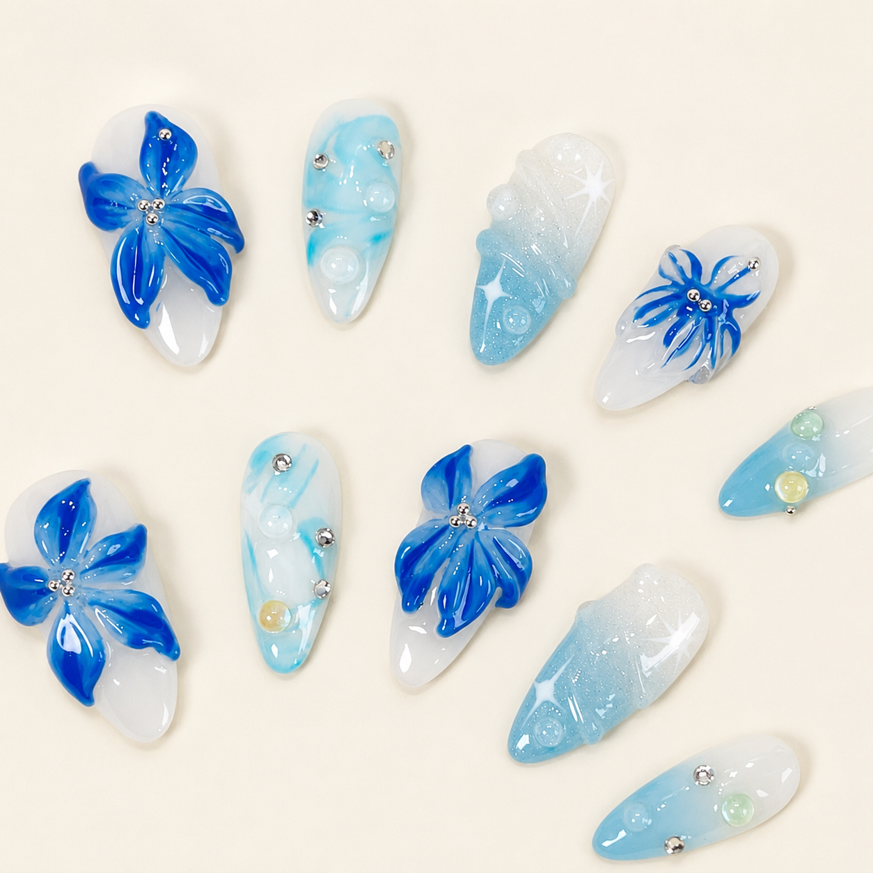 Ocean blue 3D flower ombre glitter press on nails RTS PO051
