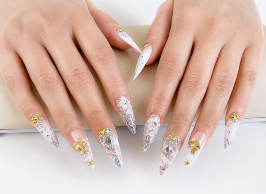 White Blooming Ombre Glitter Bling Long Stiletto Press on Nails