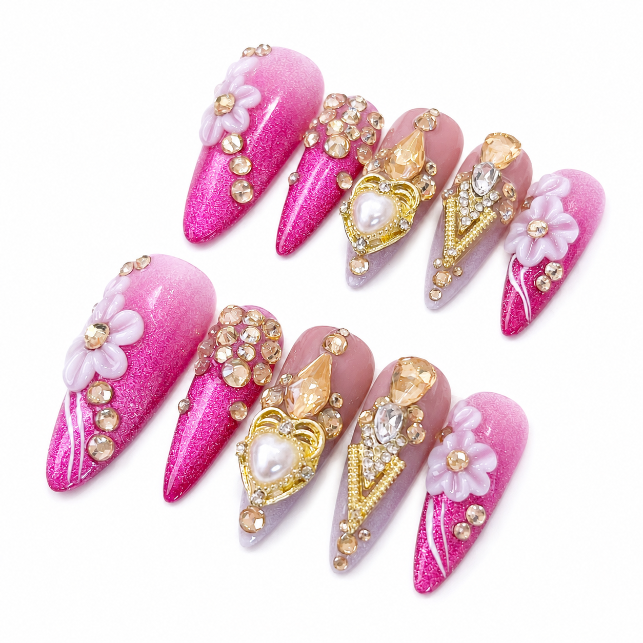 Hot Pink Cateye Gold Rhinestone 3D Flower Long Stiletto Press on Nails