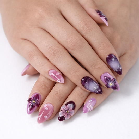 Purple 3D Flower & Pink Ombre Press On Nails