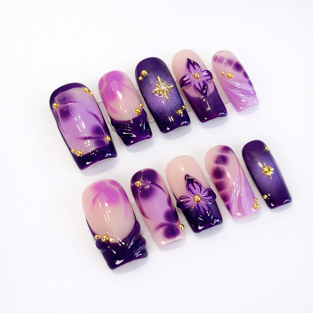 Purple 3D Flower Blooming Ombre Press On Nails