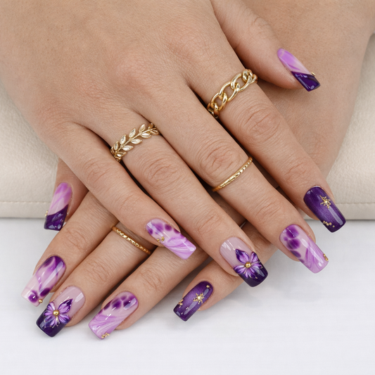 Purple 3D Flower Blooming Ombre Press On Nails