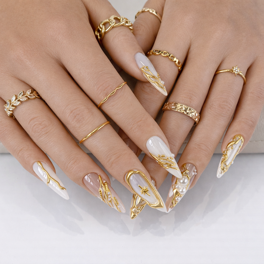 White Glazed Gold Chrome Flower Bridal Press On Nails