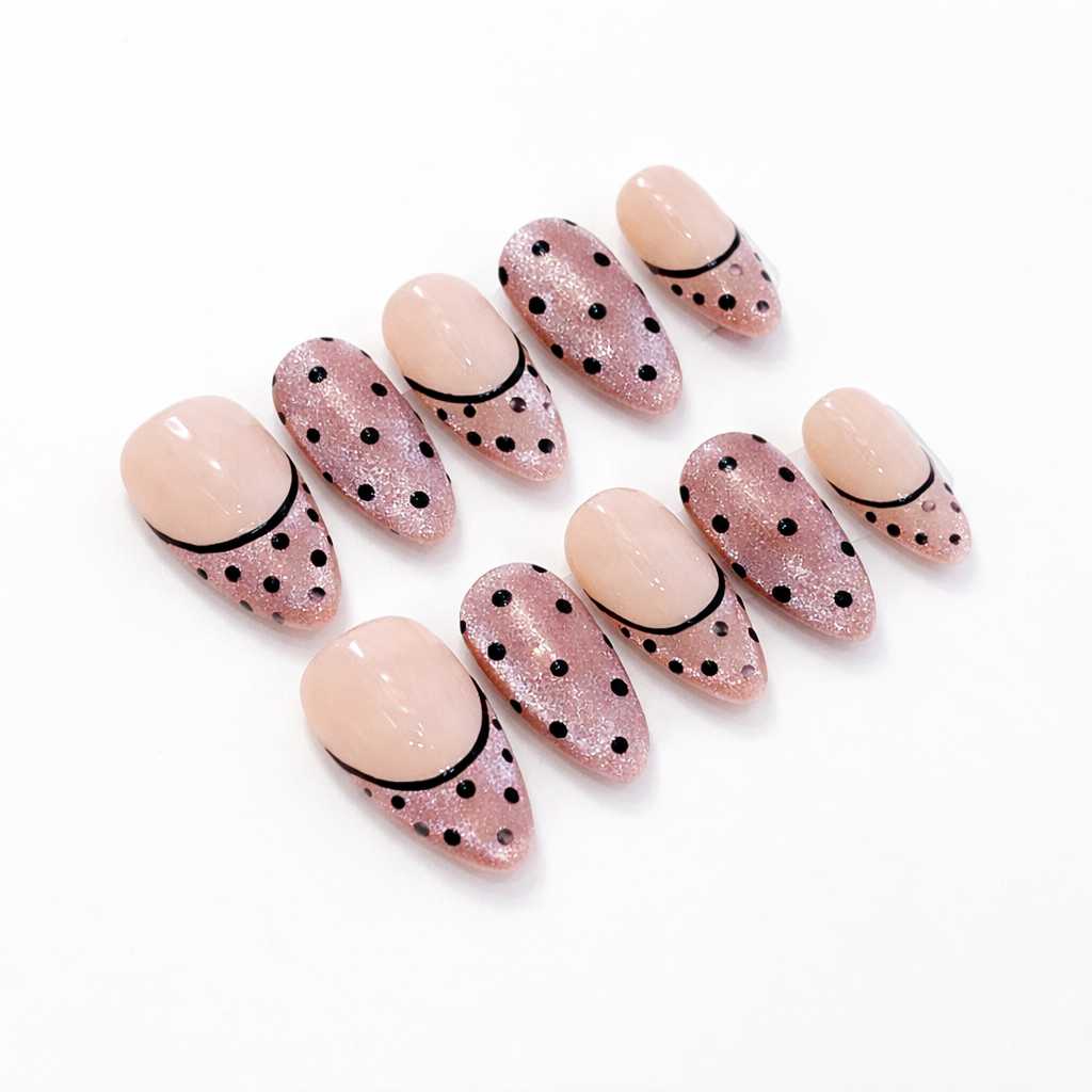 Pink Cateye Polkadot French Tips Press on Nails