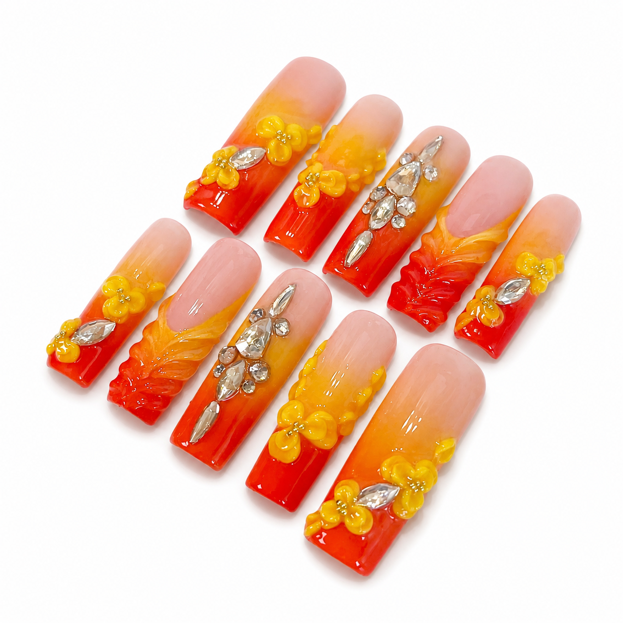 Red Orange Ombre Yellow Flower Crystal Press On Nails