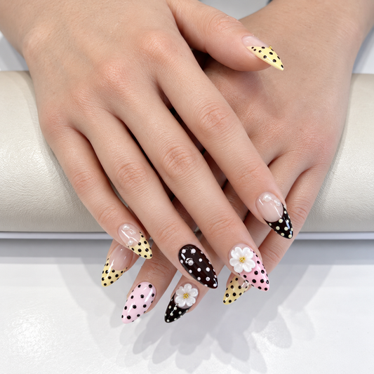Pink, yellow, brown polkadot french tips flower press on nails PO211