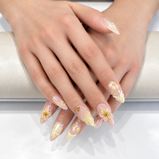 Yellow ombre 3D flower french tips press on nails PO213