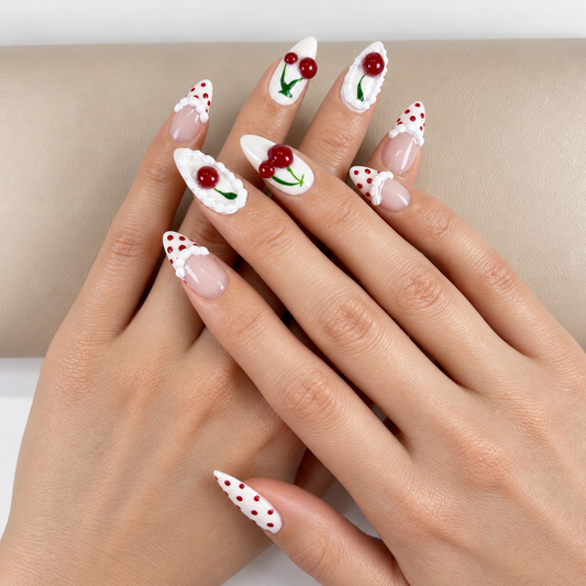 Cherry cake polkadot press on nails PO226
