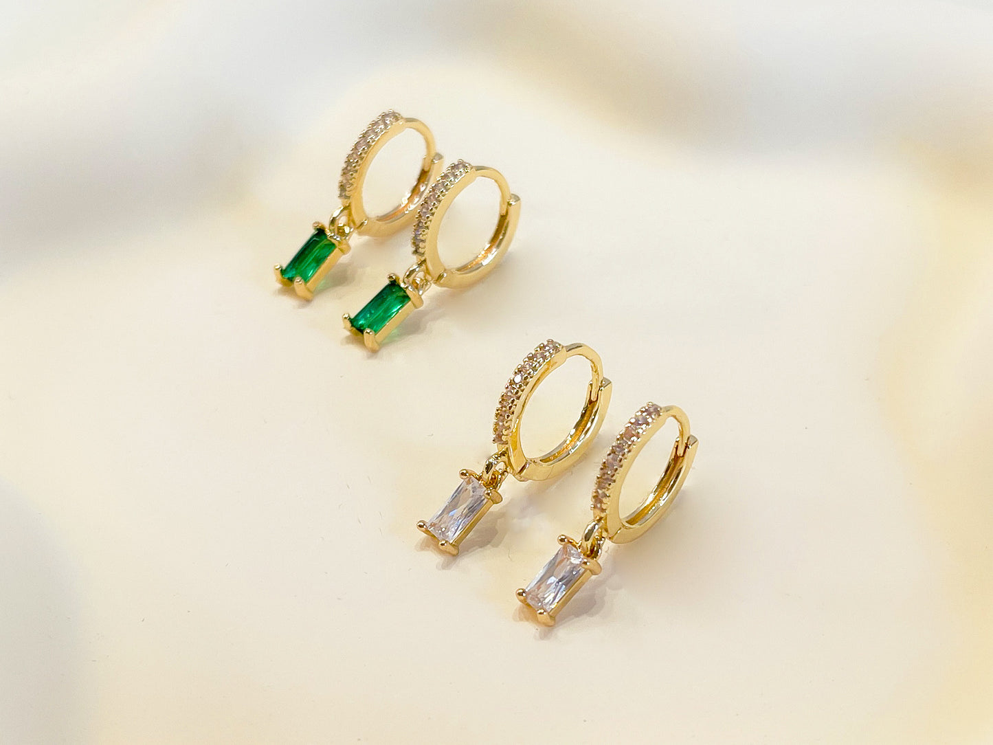 E143 paved baguette dangle huggie hoop earrings