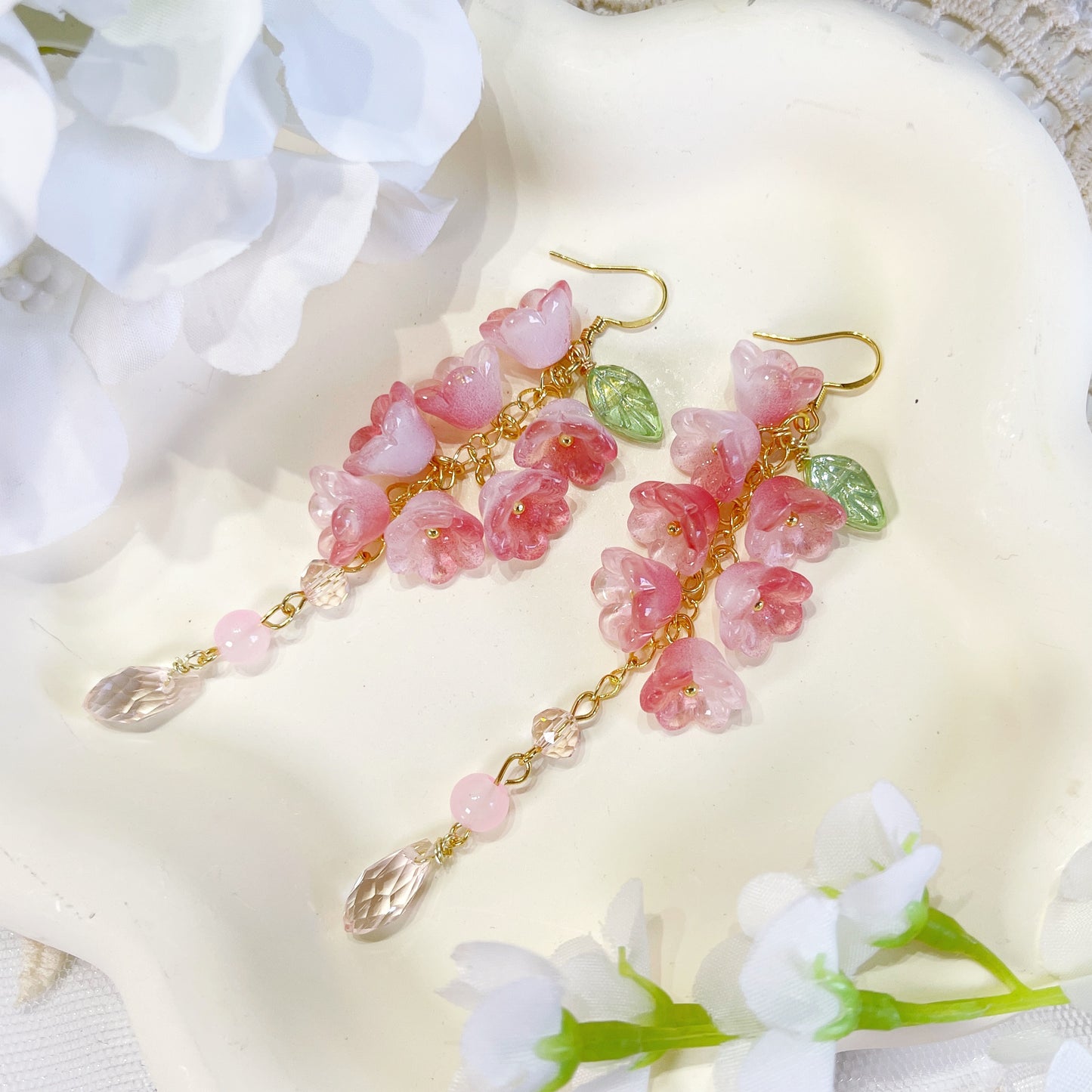 E236 pink flower earrings, lily of the valley earrings