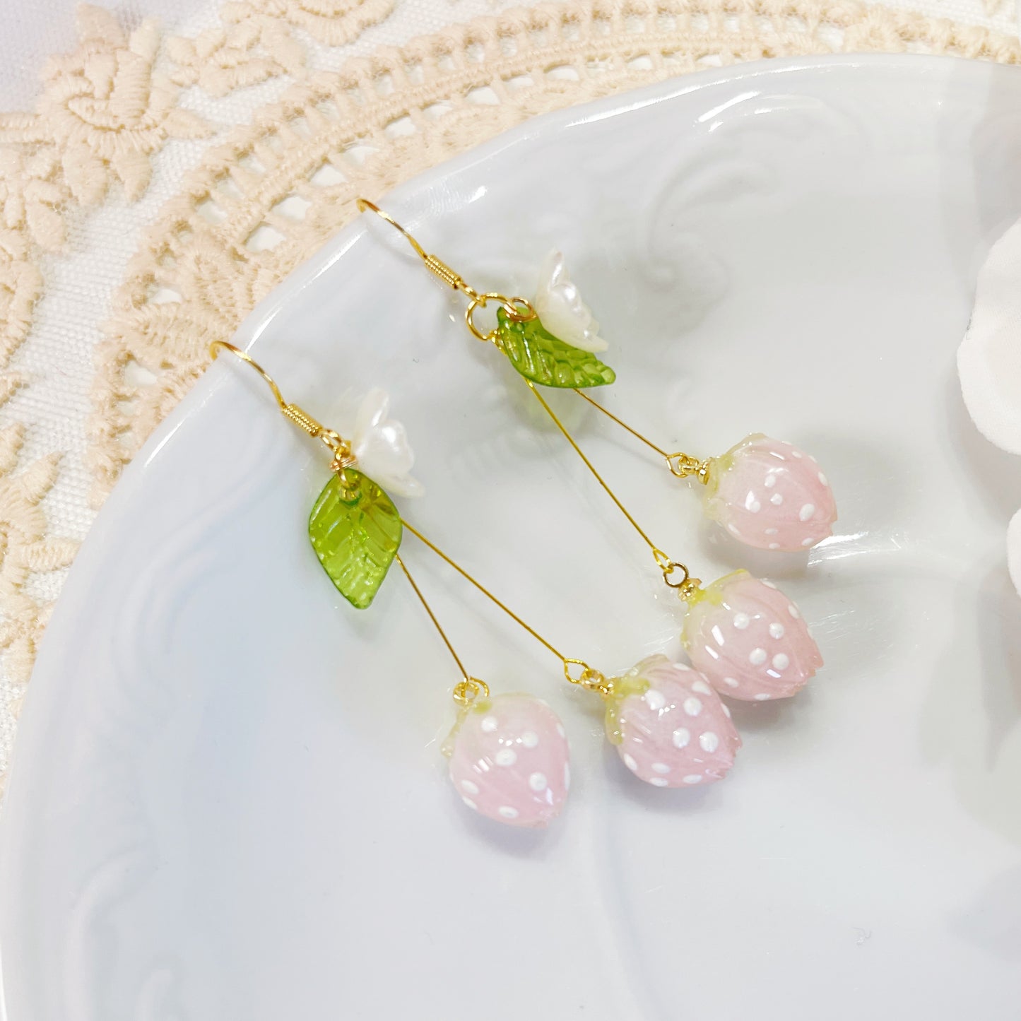 E237 pink strawberry earrings, dangle earring fruit earrings