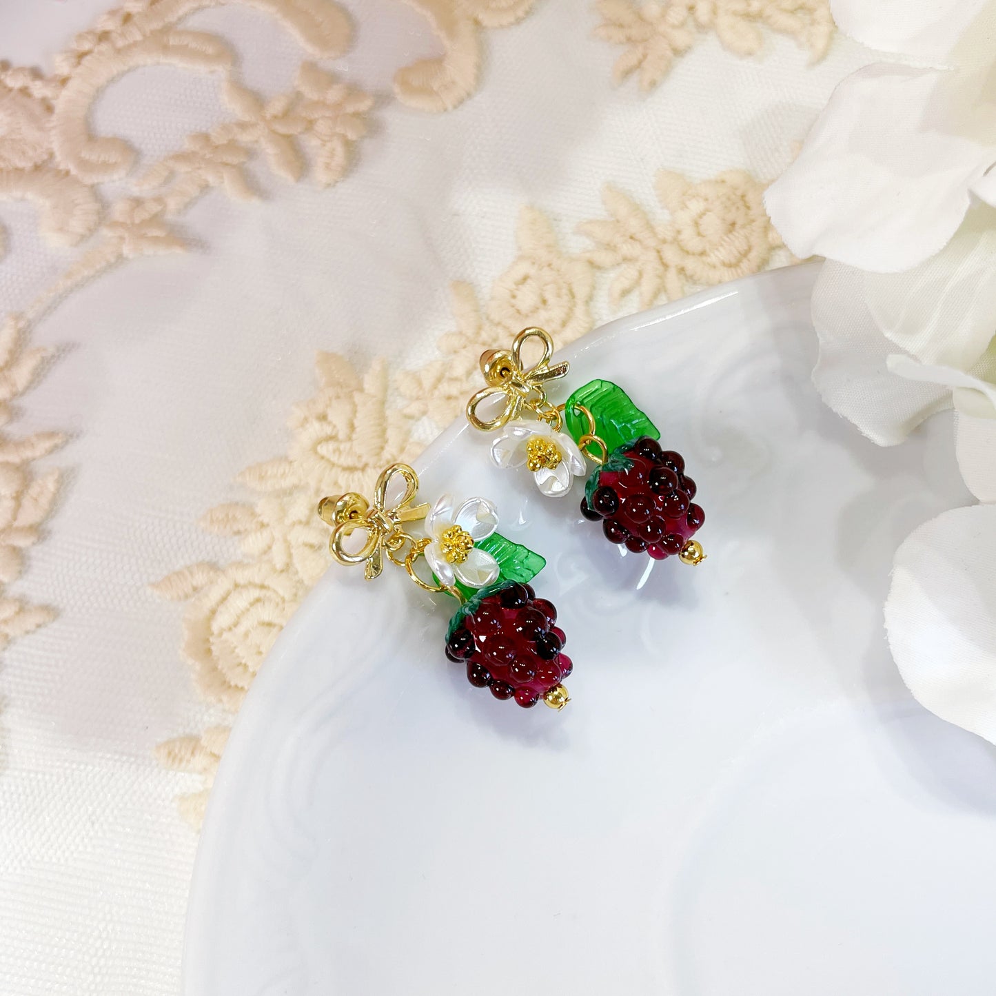 E238 purple raspberry earrings, fruit earrings