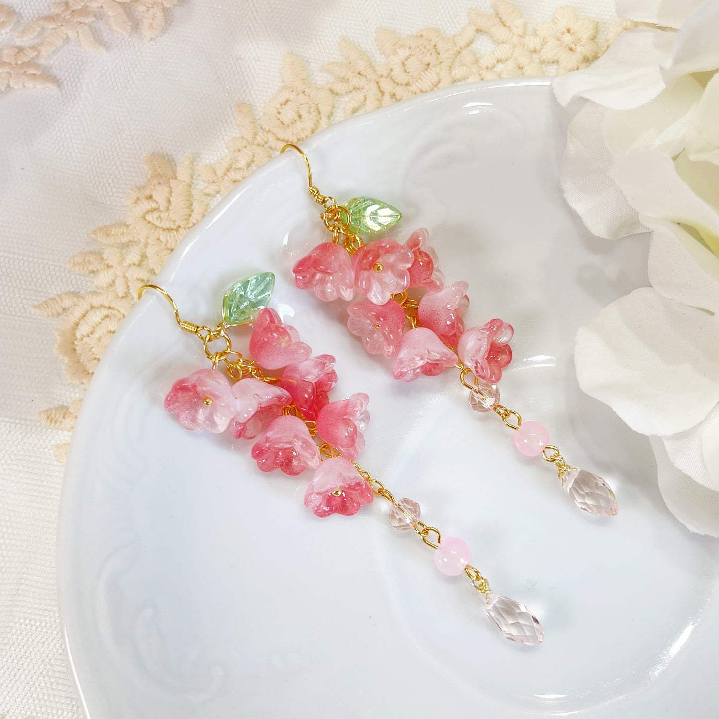 E236 pink flower earrings, lily of the valley earrings