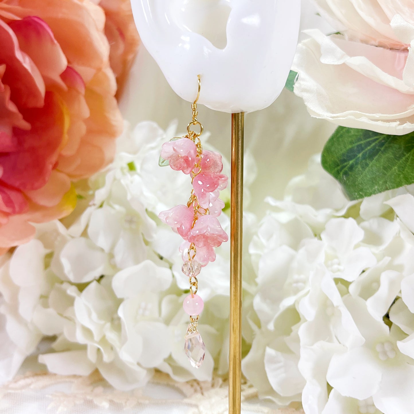 E236 pink flower earrings, lily of the valley earrings