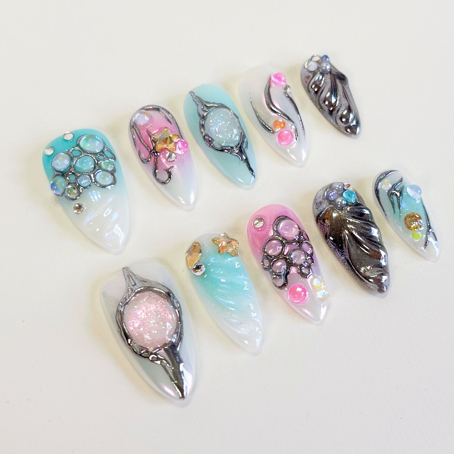 PO102 blue silver chrome galaxy abstract press on nails