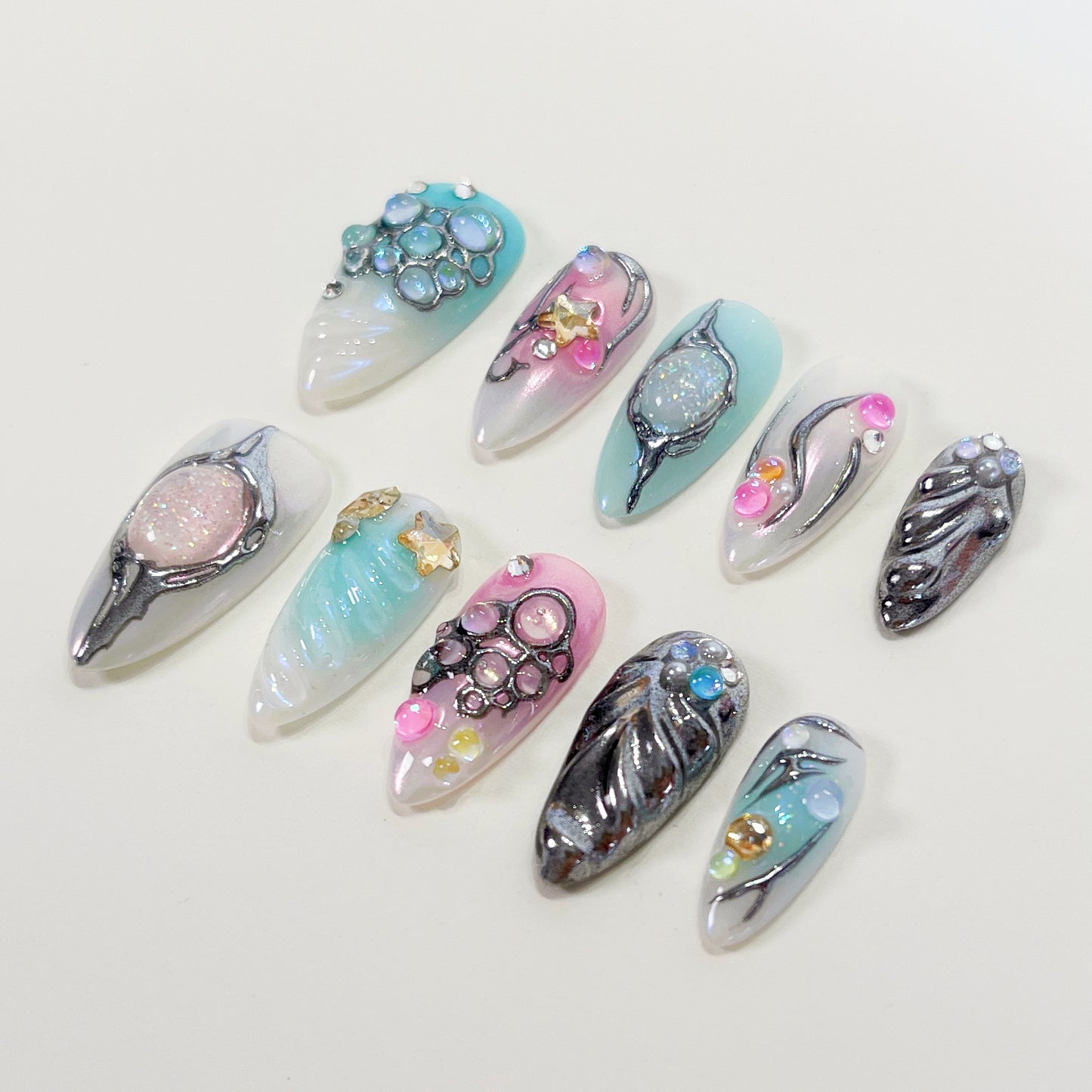 PO102 blue silver chrome galaxy abstract press on nails
