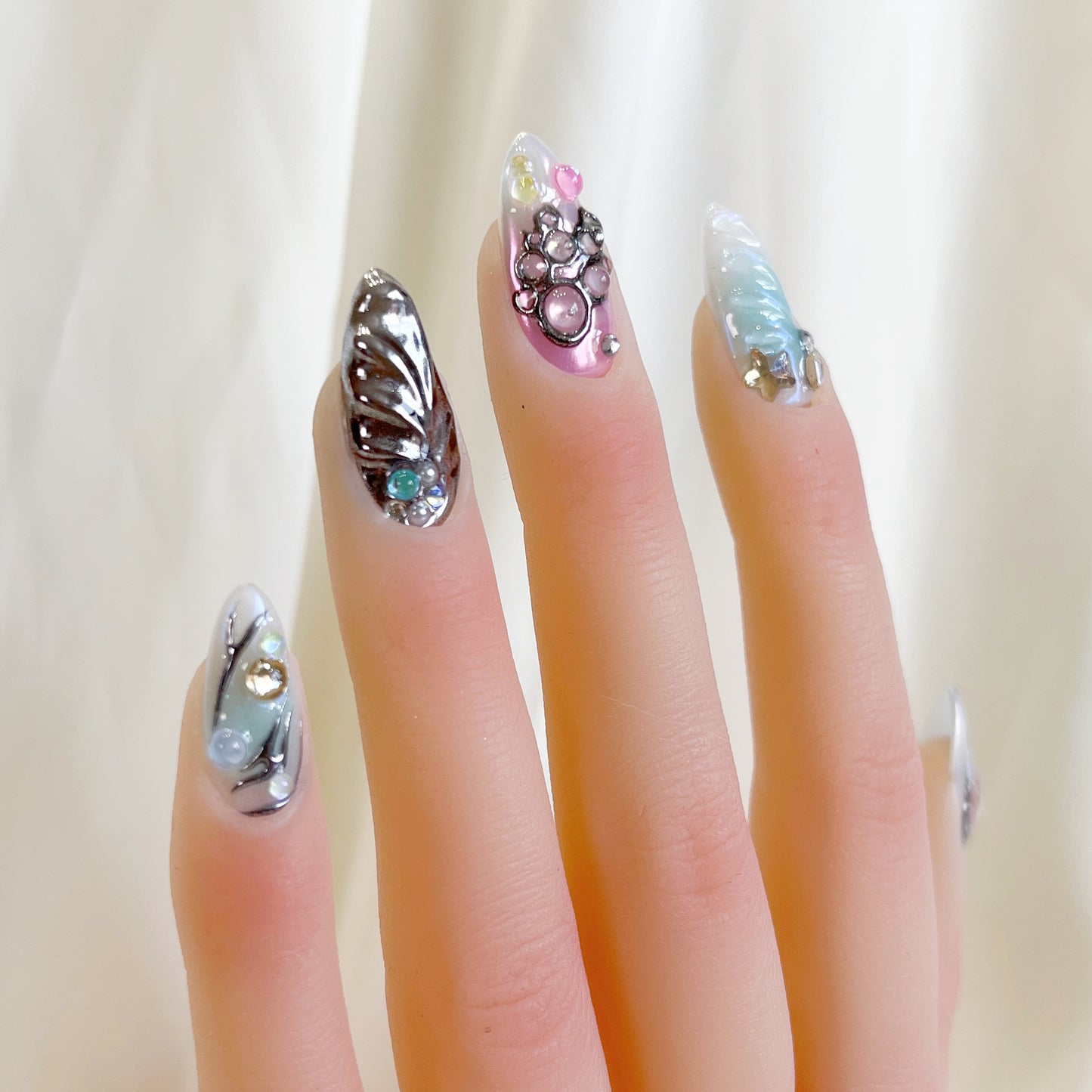 PO102 blue silver chrome galaxy abstract press on nails