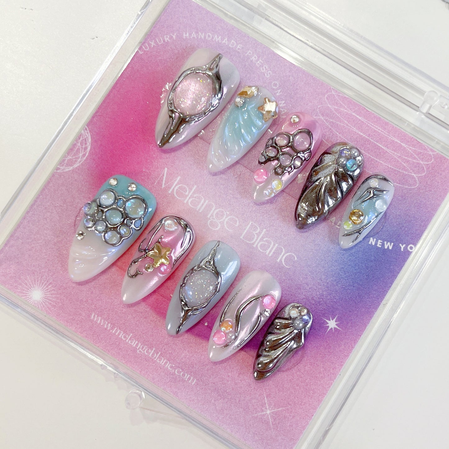 PO102 blue silver chrome galaxy abstract press on nails