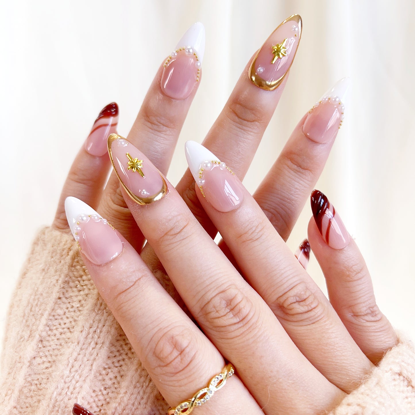 PO101 brown fall golden chrome press on nails