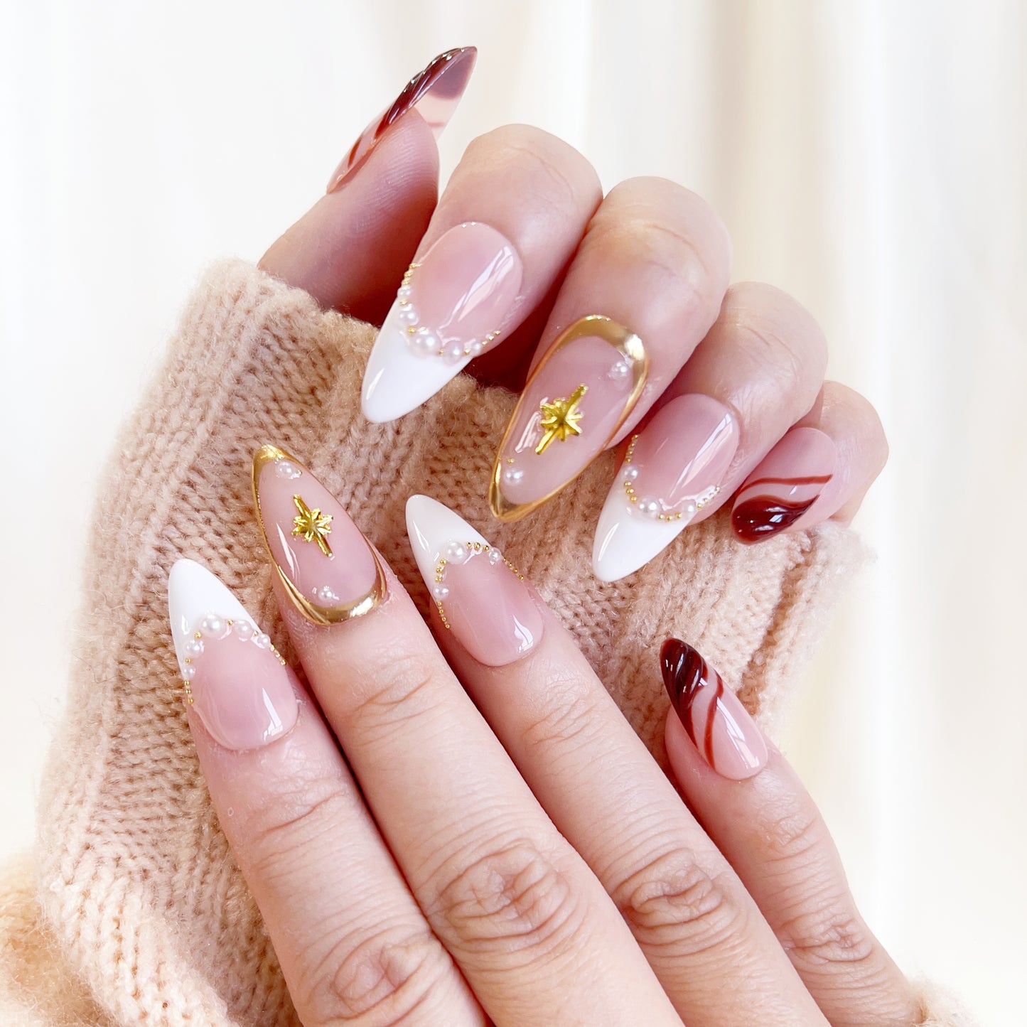 PO101 brown fall golden chrome press on nails