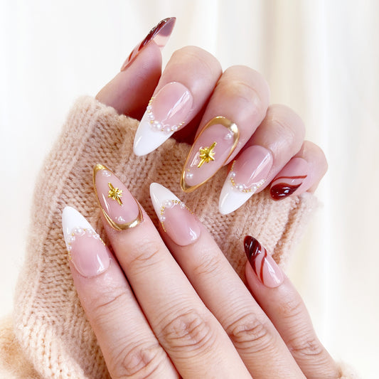 Brown fall golden chrome with pearl press on nails