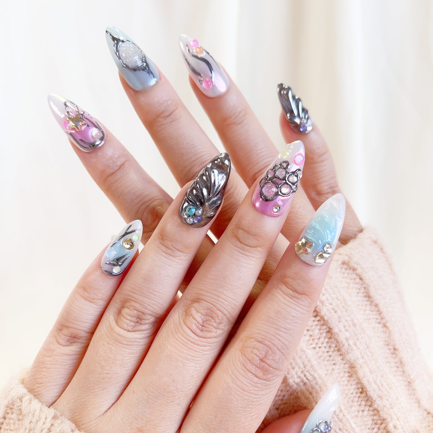 PO102 blue silver chrome galaxy abstract press on nails