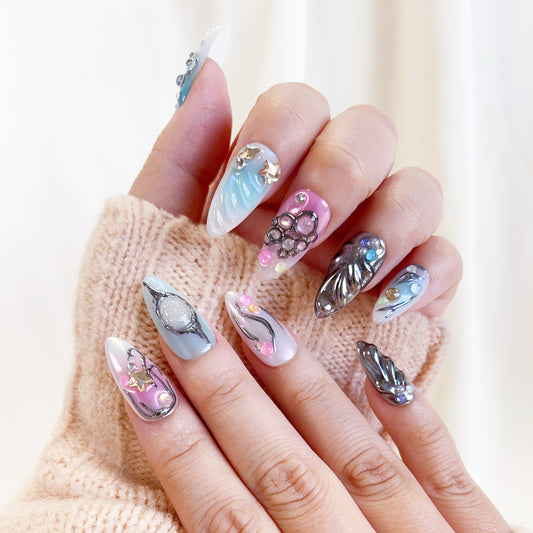 Blue silver chrome galaxy abstract press on nails