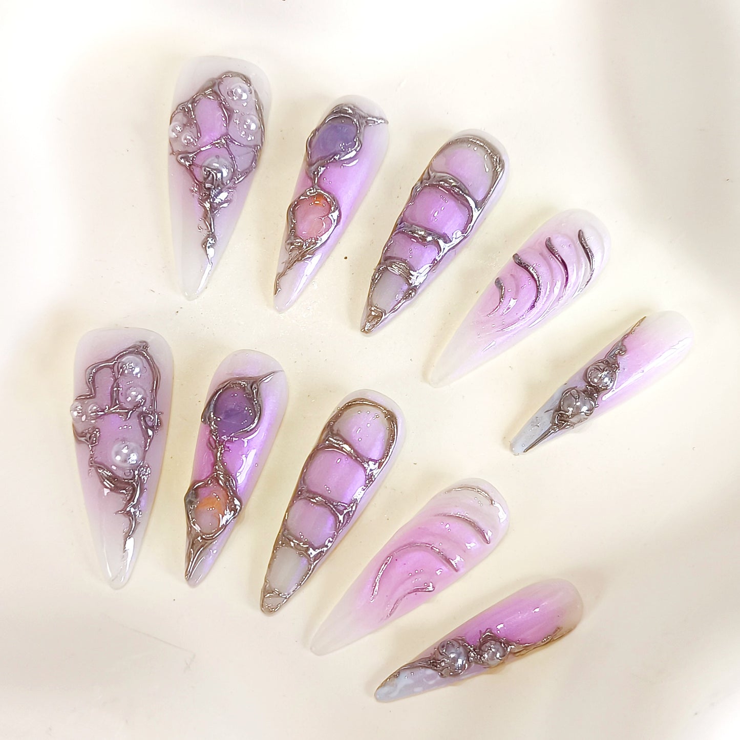 PO113 purple y2k silver chrome press on nails