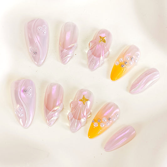 Tropical beach iridescent pink glazed press on nails