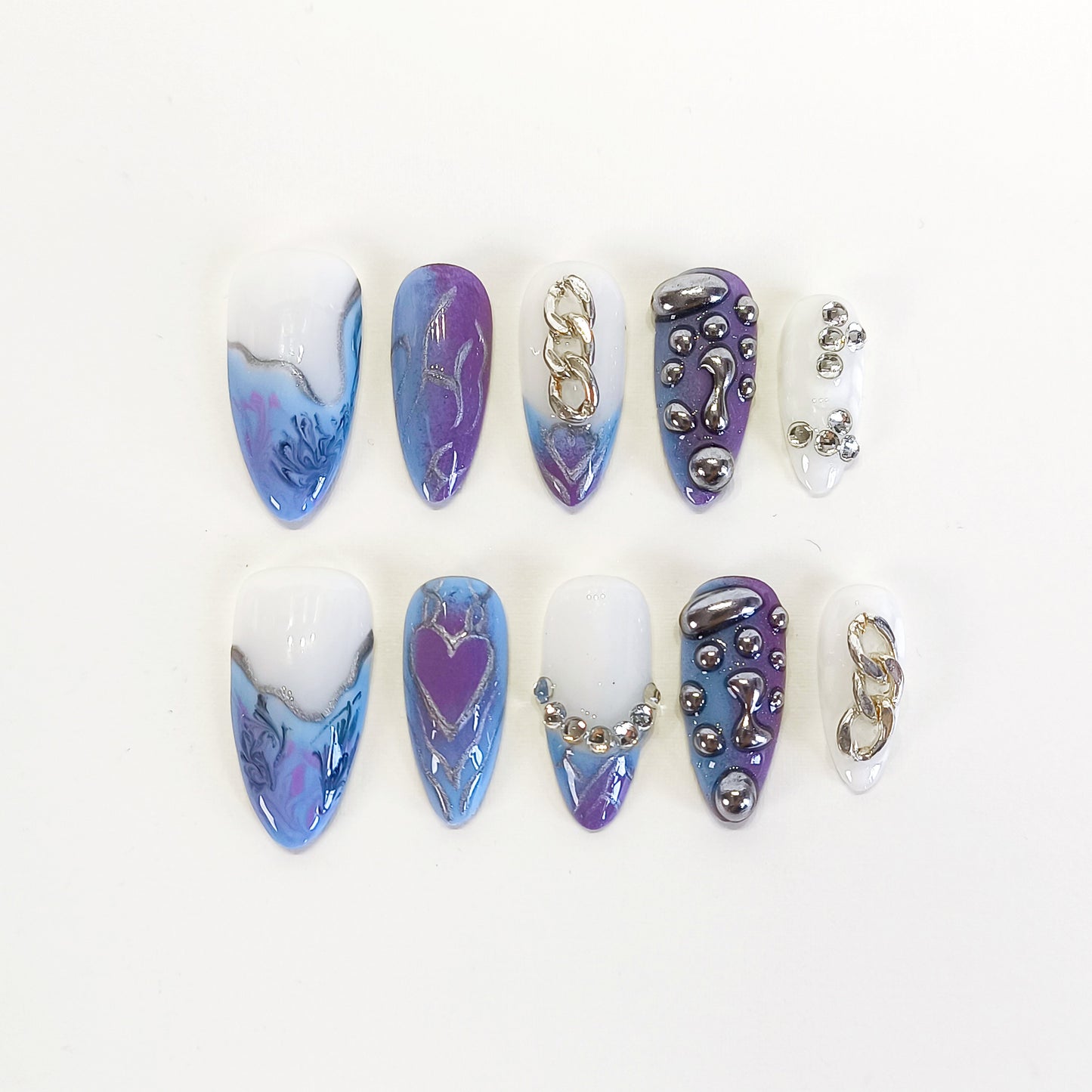 PO115 Purple Blue 3D silver chrome Press On Nails with chains