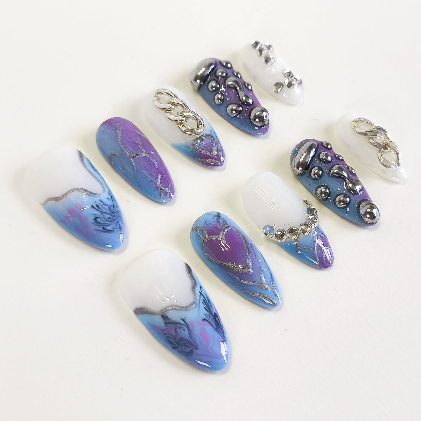 PO115 Purple Blue 3D silver chrome Press On Nails with chains