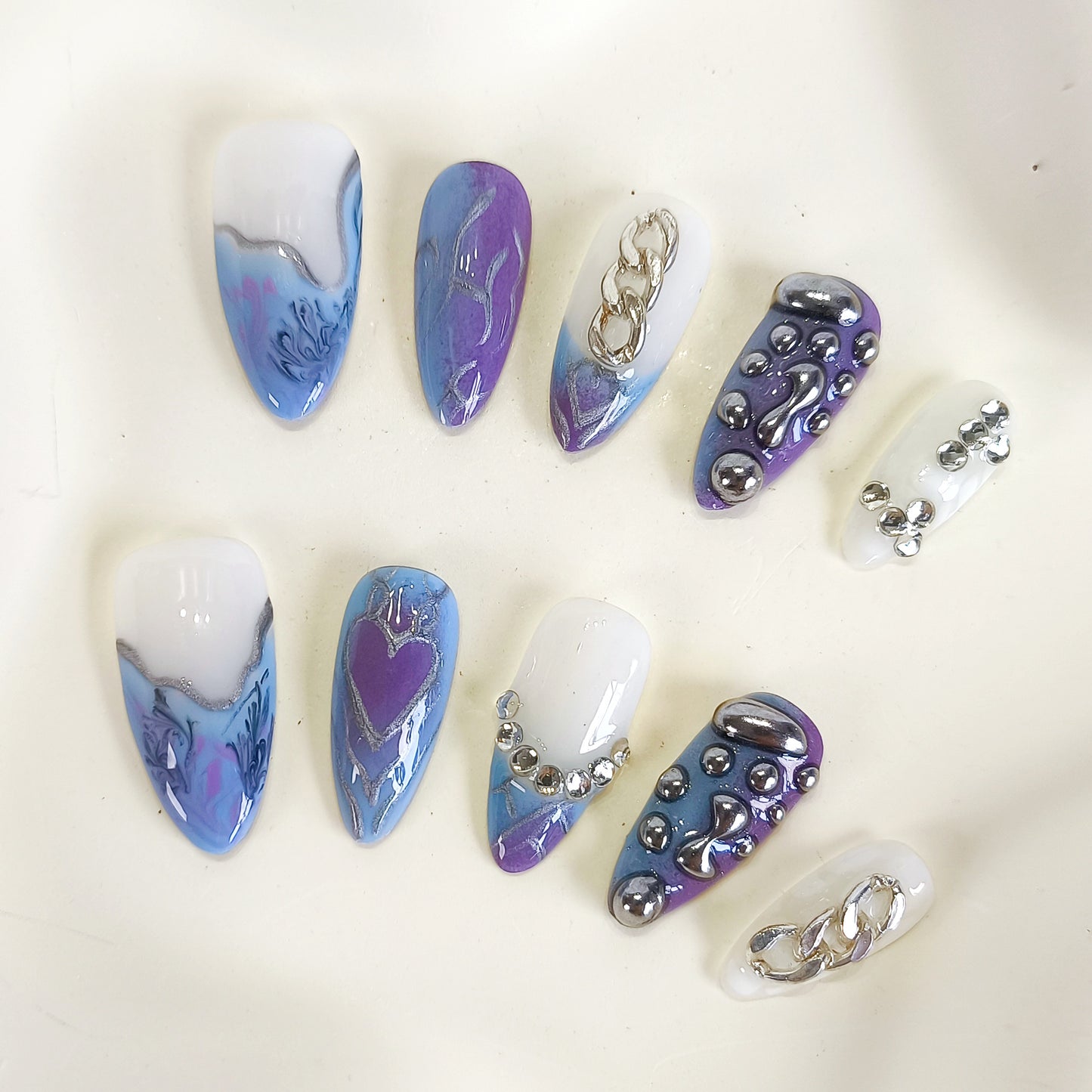 PO115 Purple Blue 3D silver chrome Press On Nails with chains