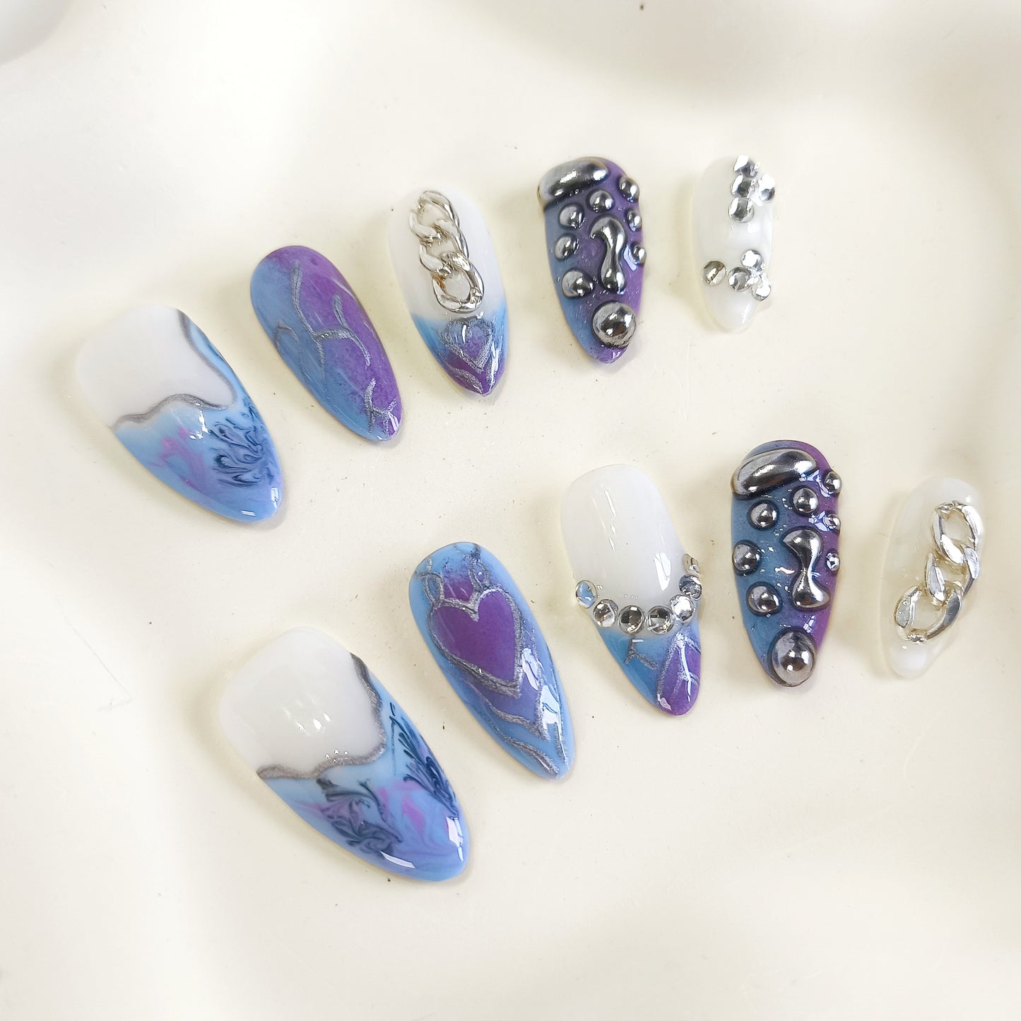 PO115 Purple Blue 3D silver chrome Press On Nails with chains