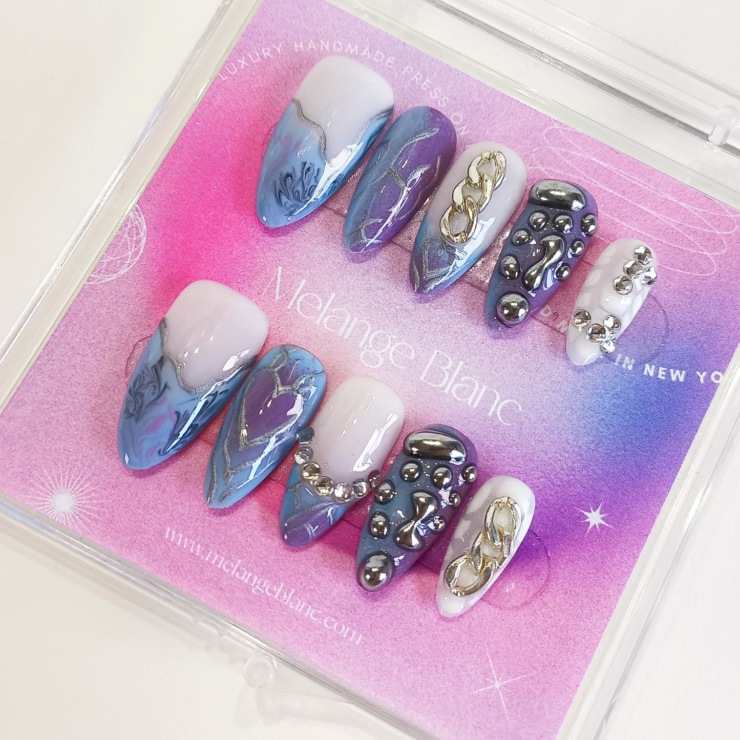 PO115 Purple Blue 3D silver chrome Press On Nails with chains