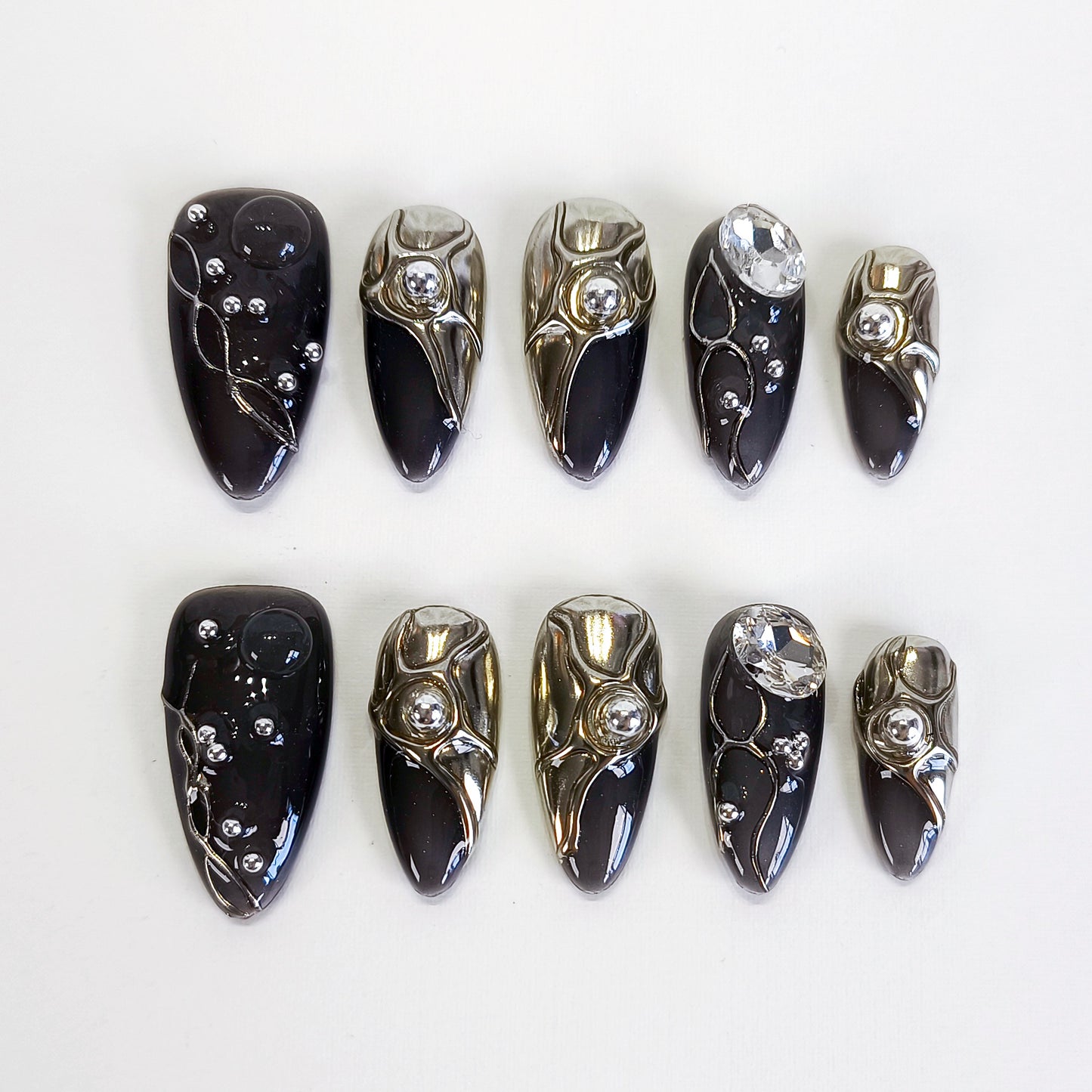 PO116 black Silver 3D Chrome Nails with Rhinestone gems