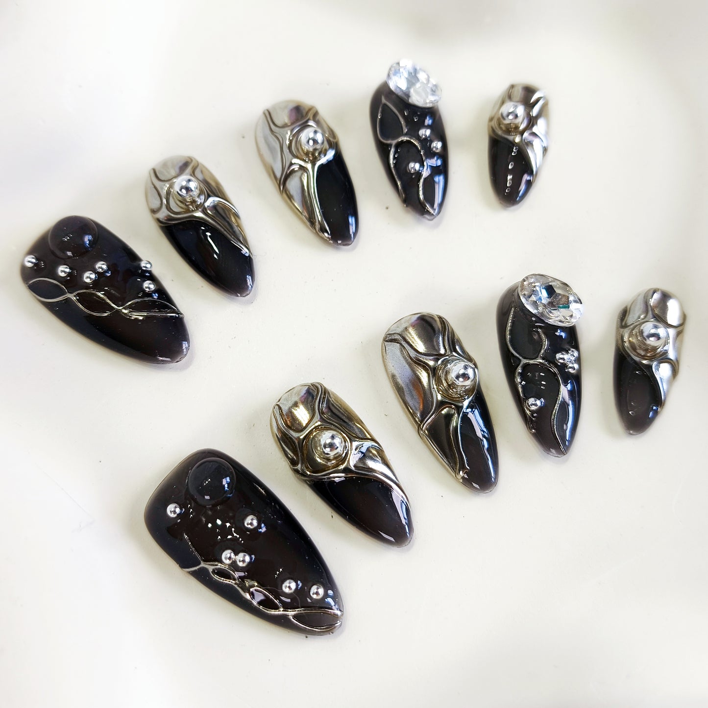 PO116 black Silver 3D Chrome Nails with Rhinestone gems