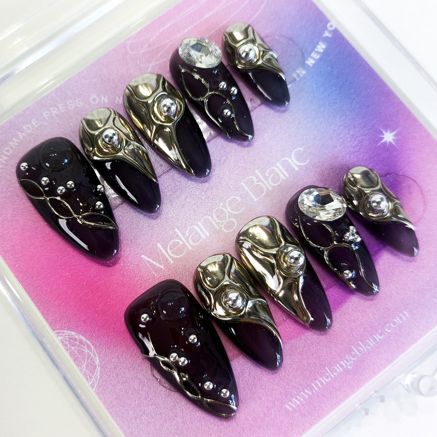 PO116 black Silver 3D Chrome Nails with Rhinestone gems