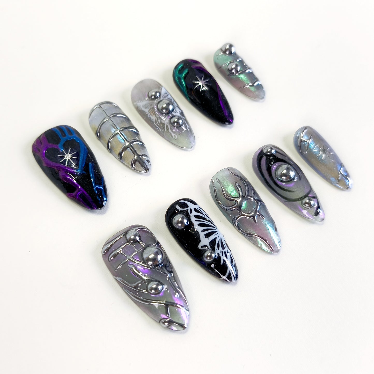 PO117 black & silver 3d chrome y2k press on nails