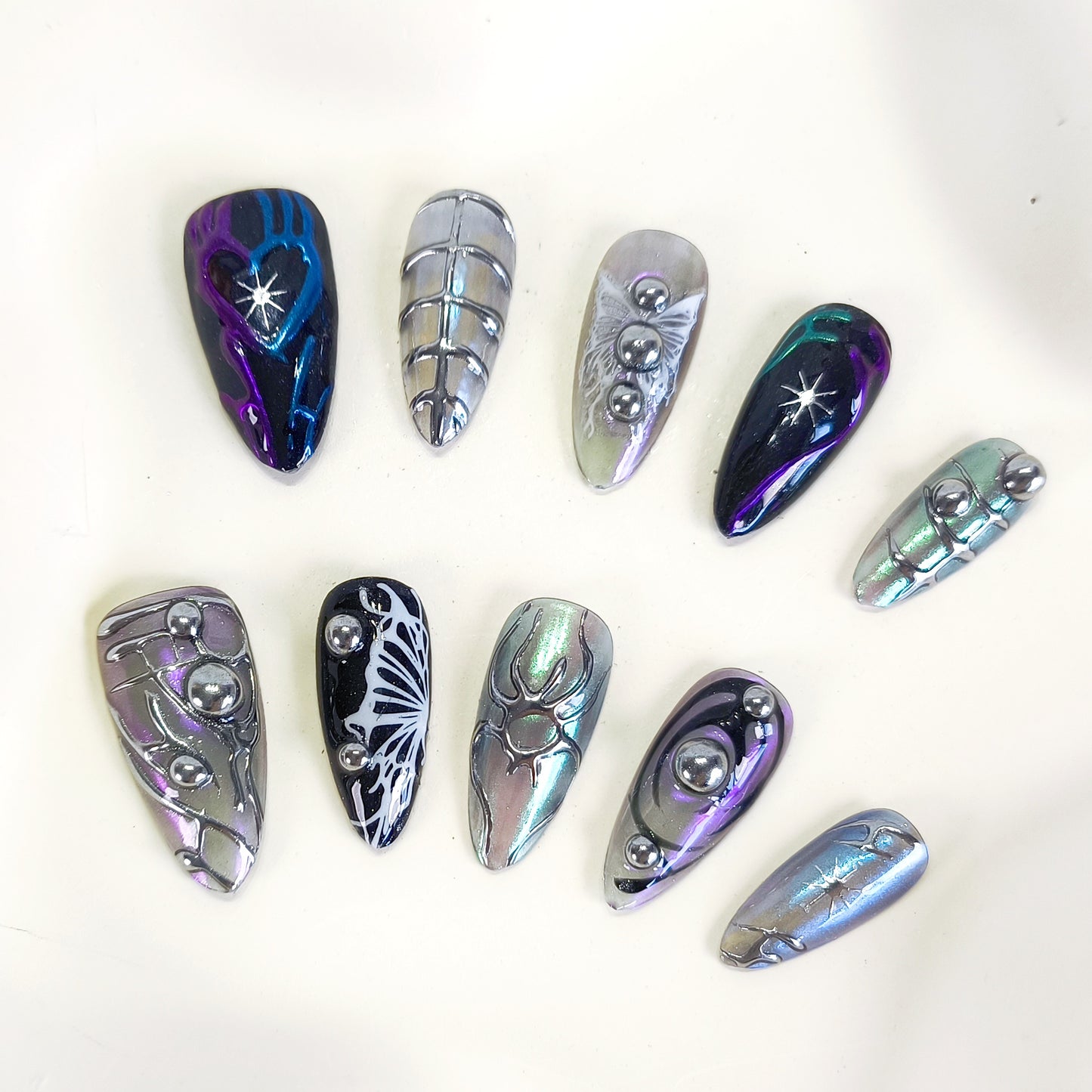 PO117 black & silver 3d chrome y2k press on nails