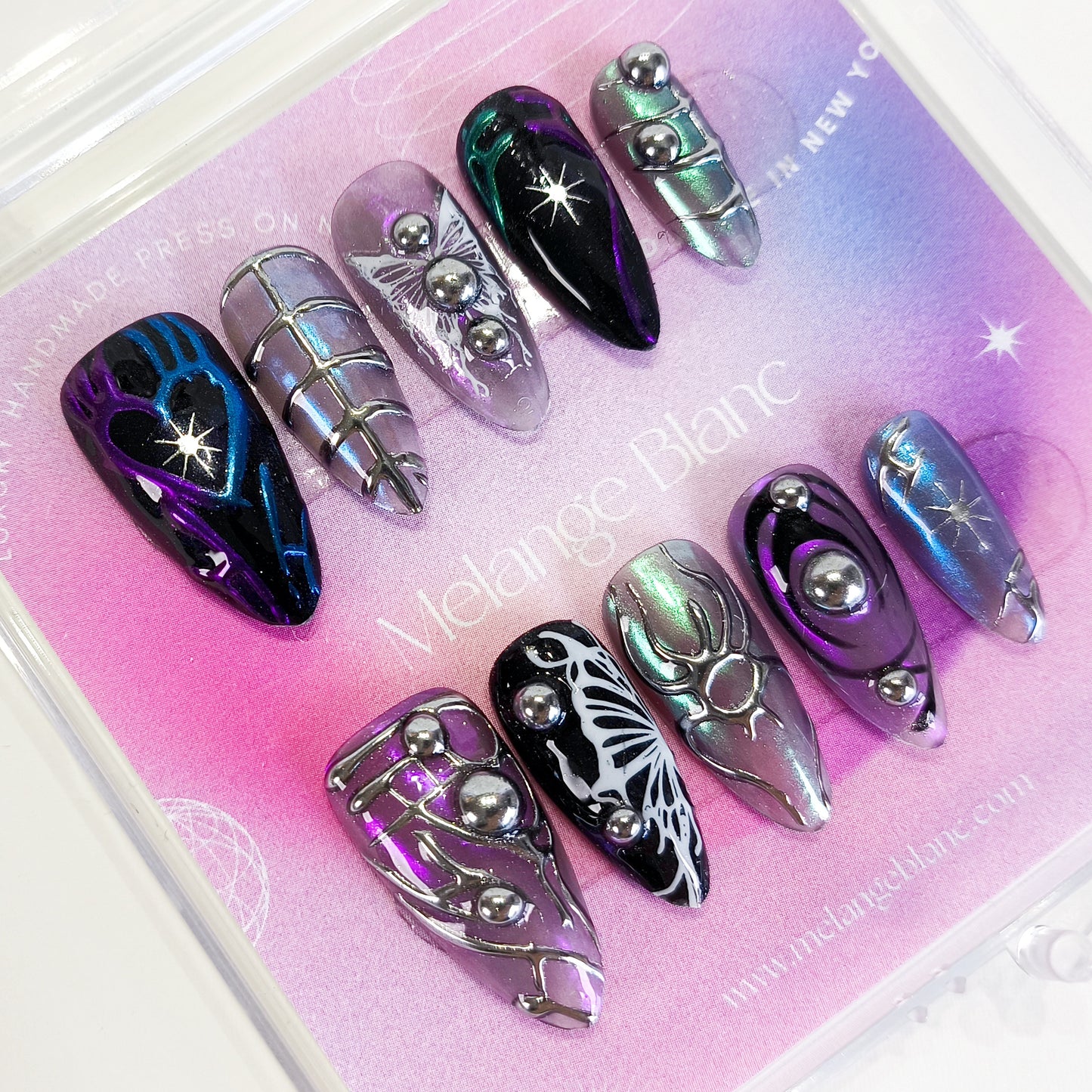 PO117 black & silver 3d chrome y2k press on nails